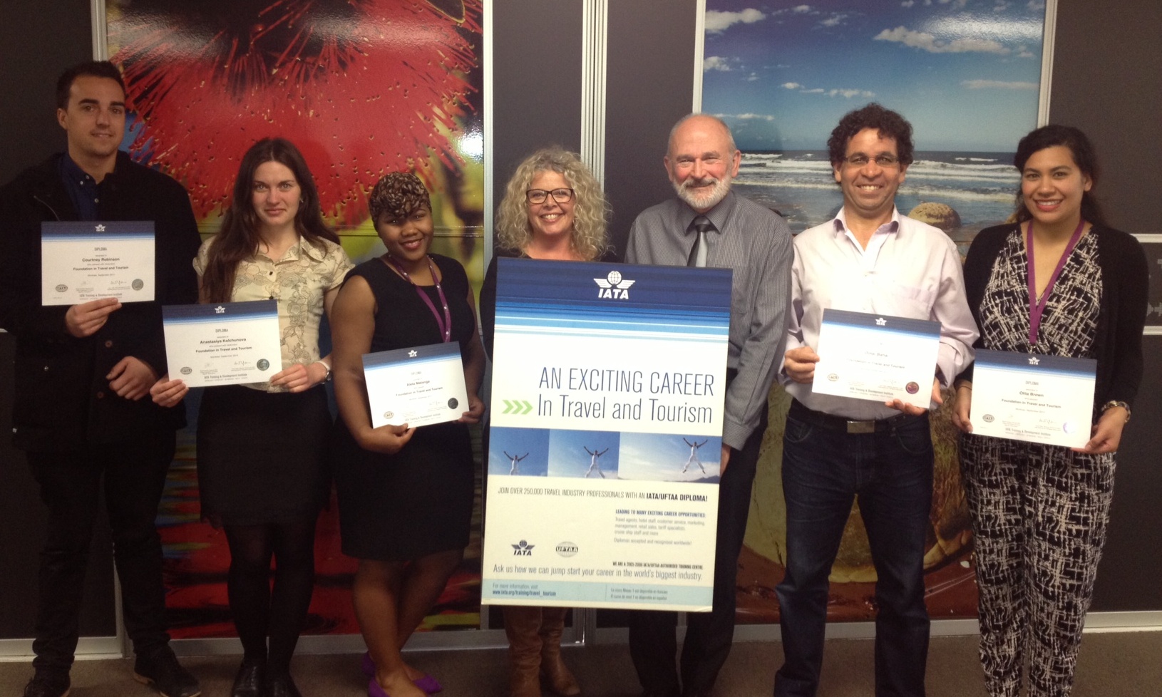 ITC students are presented their IATA Foundation Exam certificates by Campus Manager Michelle Chatfield and Tutor Steve Burke