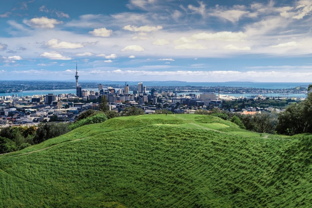 View of the skyline of Auckland, New Zealand (from Mt. Eden), featuring the Sky Tower, the tallest free-standing structure in the Southern Hemisphere.