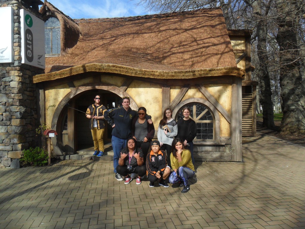 Some of Kelsi's classmates at the Matamata i-site, which is shaped like a Hobbit House!