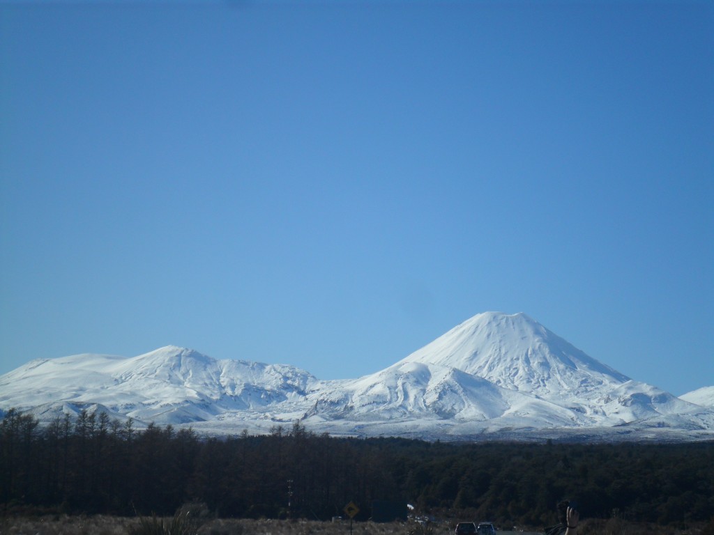 Beautiful snow-capped mountains, including the near perfect shape of Mount Ngauruhoe