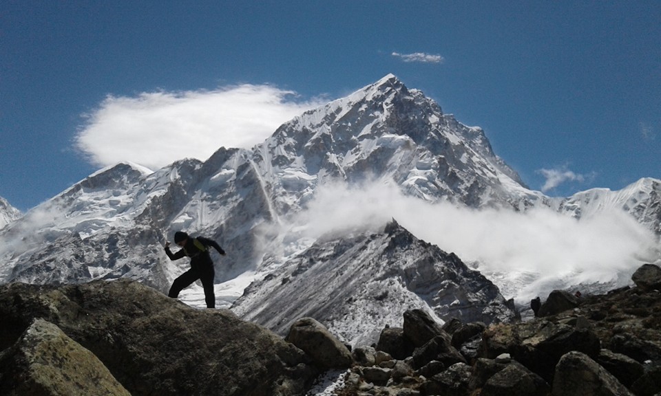 ITC Tourism Education Team Leader Mel Fey strikes a pose on her trek up to Base Camp. 